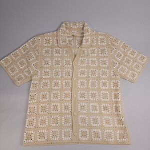 SANDSTONE Mens Crochet Button Up Shirt Short Sleeve Beige White Square Knit Sz S